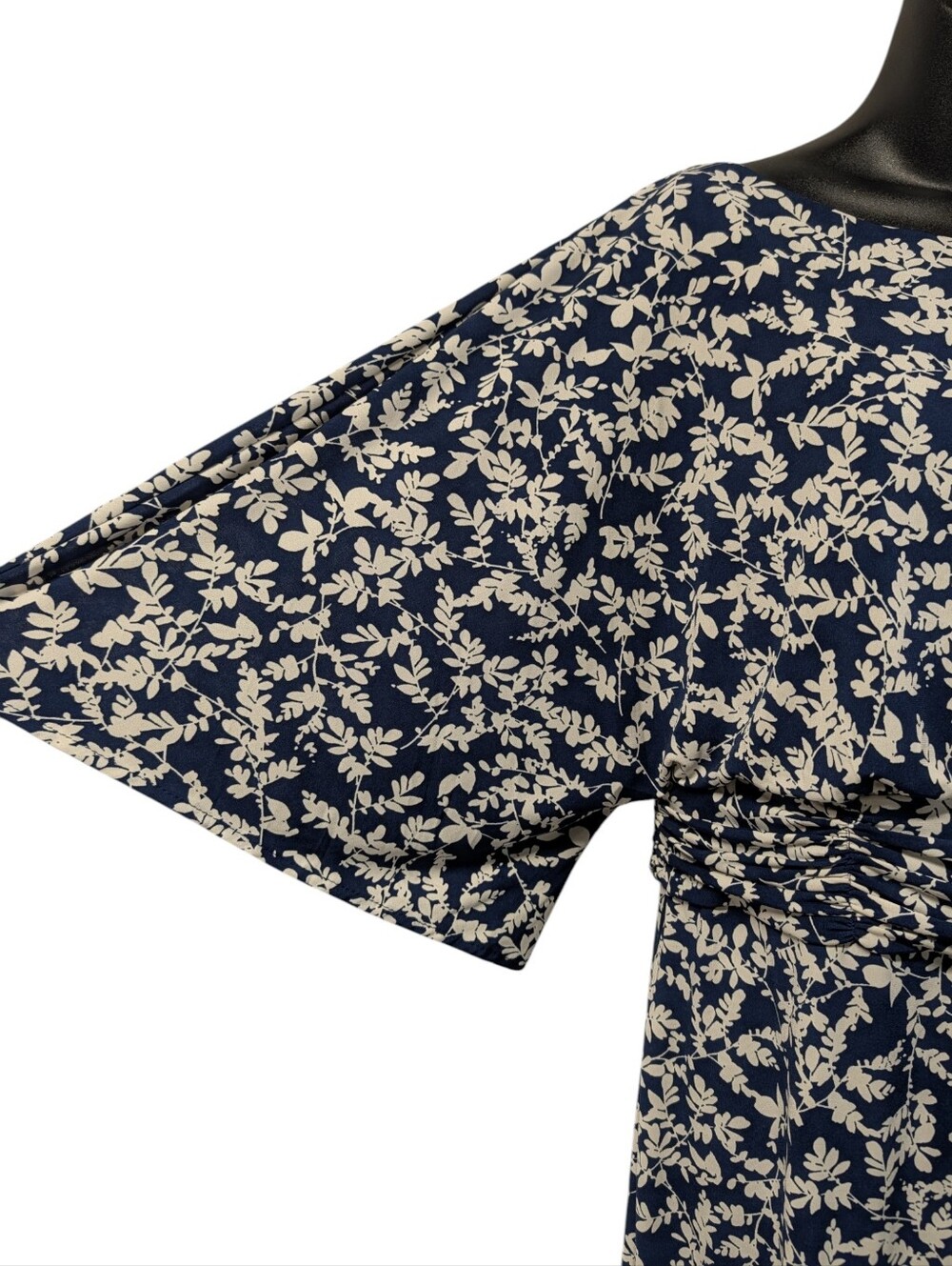 JMH Size 14 Navy White Leaf Print Midi Dress Flutter Sleeve Stretch Half Sleeve - Picture 5 of 9
